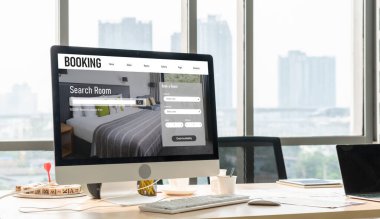 Çevrimiçi otel konaklama rezervasyon sitesi mod rezervasyon sistemi sağlar. Seyahat teknolojisi kavramı .