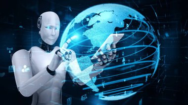 Internet connection controlled by AI robot huminoid and machine learning process to analyze data connectivity and cyber security . 3D rendering .