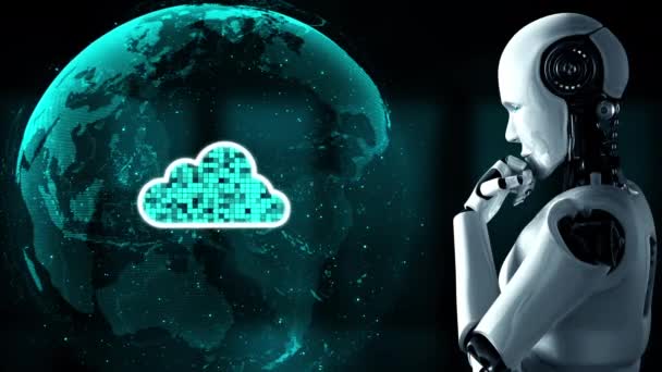 Robot Huminoid Uses Cloud Computing Technology Store Data Online Server — Vídeo de Stock