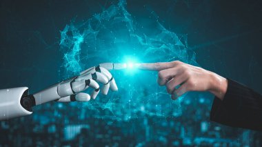 Gelecekçi robot yapay zeka yapay zeka yapay zekayı aydınlatıyor ve makine öğrenme kavramını geliştiriyor. İnsan hayatının geleceği için küresel robot biyonik bilim araştırması. 3B görüntüleme grafiği.