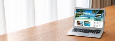 Çevrimiçi otel konaklama rezervasyon sitesi mod rezervasyon sistemi sağlar. Seyahat teknolojisi kavramı .