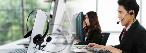 Business People Wearing Headset Working Office Widen View Support Remote — 图库照片