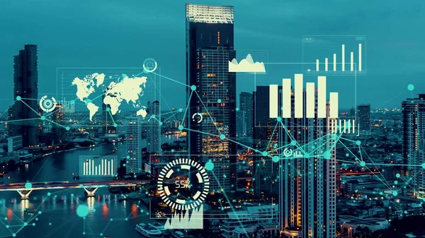 İş verileri analitik arayüzü akıllı şehrin üzerinde uçuyor ve iş zekasının geleceğini değiştiriyor. Stratejik plan için büyük verileri analiz etmek için bilgisayar yazılımı ve yapay zeka kullanılır .