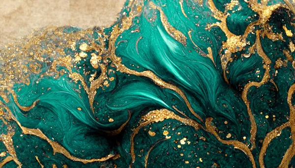 Spectacular realistic abstract backdrop of a whirlpool of teal and gold. Digital art 3D illustration. Mable with liquid texture like turbulent waves background.