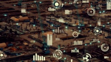 Otomasyon konseptini ve uzaktan kablosuz makine kontrolünü gösteren bir bilgisayar yazılımında fütüristik HUD kullanarak inşaat teknolojisi konsepti üzerinde değişiklik grafiği içeren konsept .