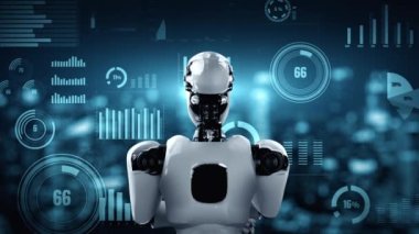 Future financial technology controll by AI robot huminoid uses machine learning and artificial intelligence to analyze business data and give advice on investment and trading decision . 3D rendering .