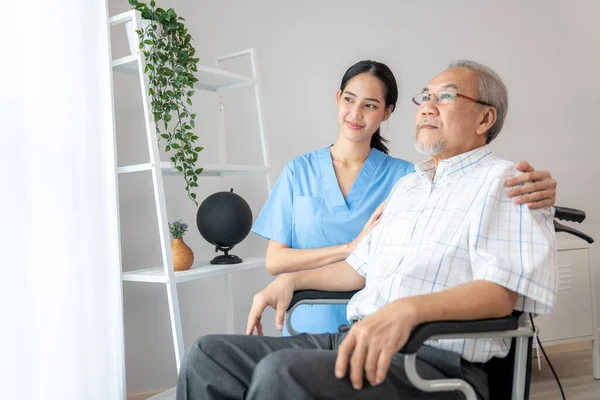 Caring nurse and a contented senior man in a wheel chair at home, nursing house. Medical for elderly senior, home care for pensioners.