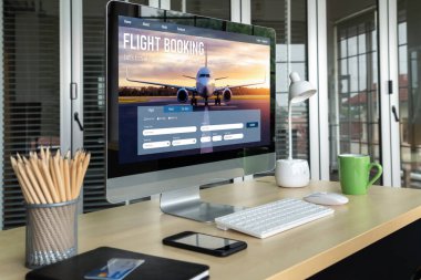 Online uçuş rezervasyon sitesi mod rezervasyon sistemi sağlar. Seyahat teknolojisi kavramı .