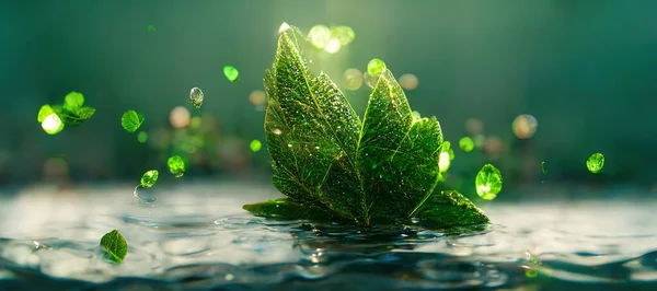 Fantasy setting with green leaves floating on blue crystal water with ripples and bokeh. Digital 3D illustration.