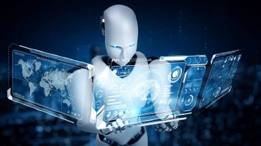 Büyük veri analizi için tablet bilgisayar kullanan robot insansı yapay zeka, yapay zeka ve 4. endüstriyel devrim için makine öğrenme yöntemlerini kullanıyor. 3B görüntüleme.
