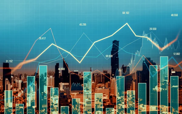 Financial Graphs Digital Indicators Overlap Modernistic Urban Area Skyscrabber Stock — 스톡 사진