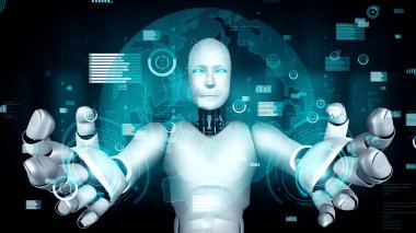 Future financial technology controll by AI robot huminoid uses machine learning and artificial intelligence to analyze business data and give advice on investment and trading decision . 3D rendering .