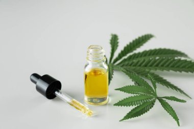 Kenevir sativa kenevir yaprağı ve beyaz arka planda damla kapağı olan CBD yağı. Yasallaştırılmış marihuana kavramı.
