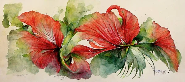 Spectacular watercolor painting of red flower and green leaf drawing in digital art 3D illustration on white background and isolated. Colorful blossom plant in watercolor painting.