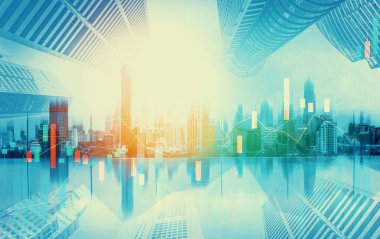 As background for a financial or business concept, digital screen and financial graphs overlap on a picture of modernistic cityscape, skyscrabbers.