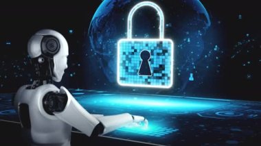 AI robot huminoid uses cloud computing technology to store data on online server . Futuristic concept of cloud information storage analyzed by machine learning process . 3D rendering .