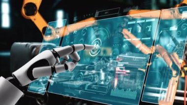 Cybernated industry robot and robotic arms for assembly in factory production . Concept of artificial intelligence for industrial revolution and automation manufacturing process .