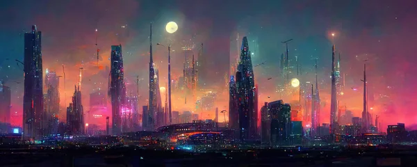 Nighttime Cyberpunk City Futuristic Fantasy World Features Skyscrapers Flying Cars — Stockfoto