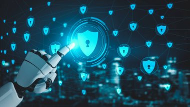 Gelecekçi robot yapay zeka yapay zeka yapay zekayı aydınlatıyor ve makine öğrenme kavramını geliştiriyor. İnsan hayatının geleceği için küresel robot biyonik bilim araştırması. 3B görüntüleme grafiği.