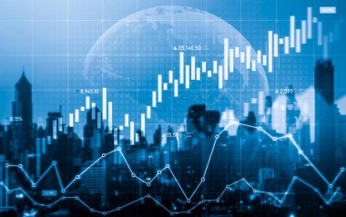Financial graphs and digital indicators overlap with modernistic urban area, skyscrabber for stock market business concept. Double exposure.