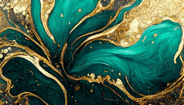 Spectacular realistic abstract backdrop of a whirlpool of teal and gold. Digital art 3D illustration. Mable with liquid texture like turbulent waves background.