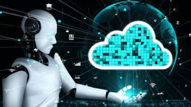 AI robot huminoid uses cloud computing technology to store data on online server . Futuristic concept of cloud information storage analyzed by machine learning process . 3D rendering .