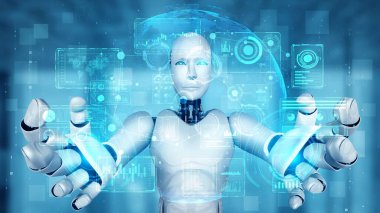 AI hominoid robot holding virtual hologram screen showing concept of big data analytic using artificial intelligence thinking by machine learning process. 3D rendering.