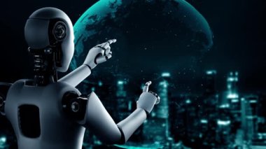 AI robot huminoid uses cloud computing technology to store data on online server . Futuristic concept of cloud information storage analyzed by machine learning process . 3D rendering .