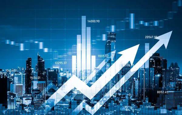 Financial Graphs Digital Indicators Overlap Modernistic Urban Area Skyscrabber Stock — 스톡 사진