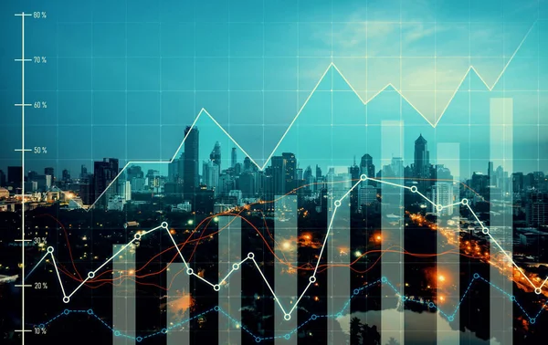 Financial graphs and digital indicators overlap with modernistic urban area, skyscrabber for stock market business concept. Double exposure.