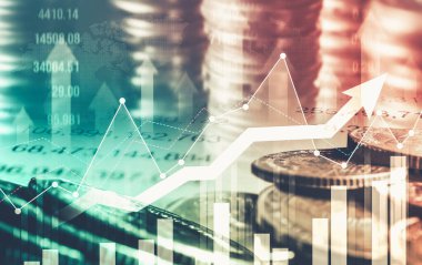 Finans ve para teknolojisi iş refahı ve varlık yönetimi kavramı. Yaratıcı grafik, refah karı elde etmek için değerli varlıklara yatırım yaparak ekonomi ve mali büyümeyi gösteriyor .
