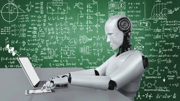 Robot hominoid use laptop and sit at table for engineering science studying using AI thinking brain , artificial intelligence and machine learning process for 4th industrial revolution . 3D rendering