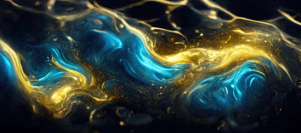 Spectacular image of blue and golden liquid ink churning together, with a realistic texture and great quality. Digital art 3D illustration.