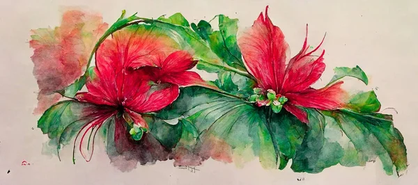 Spectacular watercolor painting of red flower and green leaf drawing in digital art 3D illustration on white background and isolated. Colorful blossom plant in watercolor painting.