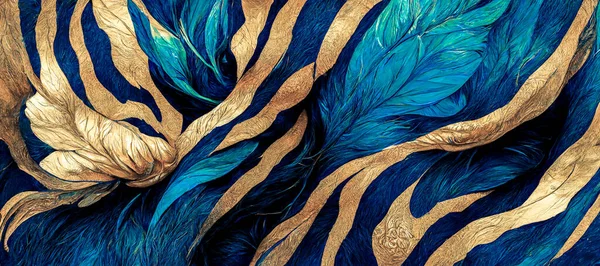 Spectacular abstract design with the teal and gold animal fur churning together like wavy liquid ink. Digital art 3D illustration. Texture resembling fur in the shape of a turbulent liquid.