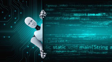 Futuristic robot artificial intelligence huminoid AI programming coding technology development and machine learning concept. Robotic bionic science research for future of human life. 3D rendering.