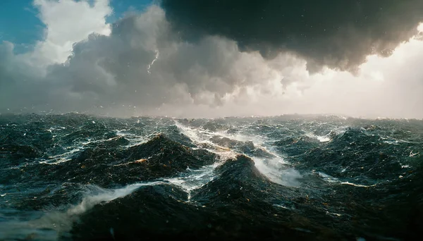 Spectacular background image of stormy ocean with rough and danger wave. Dark sky and cloudy. Digital art 3D illustration.