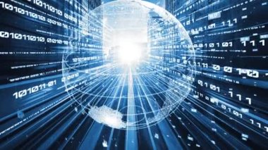 Fütürist küresel ağ ve dijital veri transferi 3D grafik. Yeni bilgi çağındaki küresel eğilimleri değiştiren akıllı dijital dönüşüm ve teknoloji bozulması kavramı .