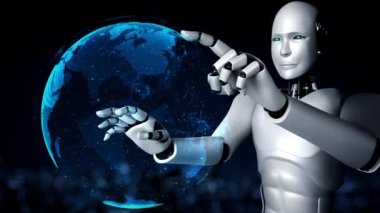 AI hominoid robot touching virtual hologram screen showing concept of big data analytic using artificial intelligence thinking by machine learning process. 3D rendering.