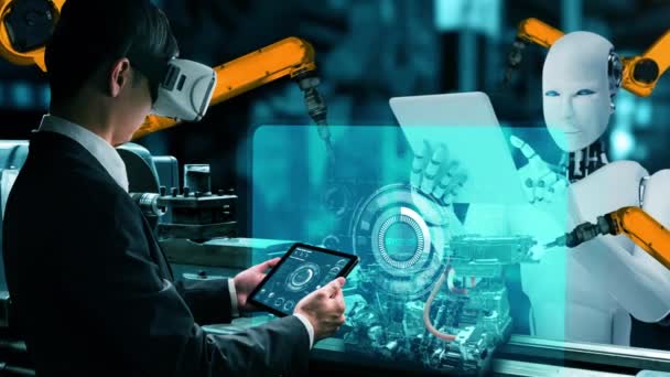 Промышленный Робот Человек Рабочий Работают Вместе Будущей Фабрике Концепция Искусственного — стоковое видео