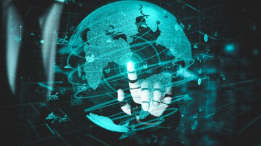 Gelecekçi robot yapay zeka yapay zeka yapay zekayı aydınlatıyor ve makine öğrenme kavramını geliştiriyor. İnsan hayatının geleceği için küresel robot biyonik bilim araştırması. 3B görüntüleme grafiği.