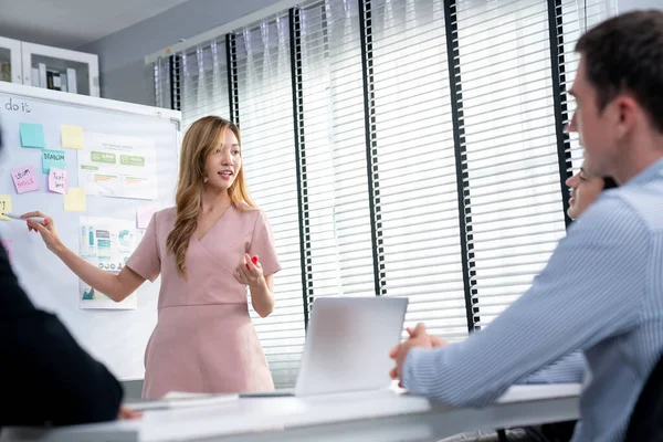 Competent Office Workers Various Nationalities Debating Discussing Brainstorming Meeting Room — Stock fotografie