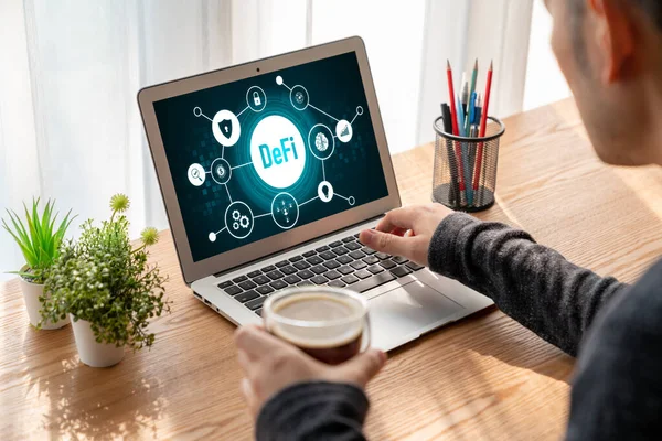 Decentralized Finance Defi Concept Modish Computer Screen Defi System Give — Stock Photo, Image