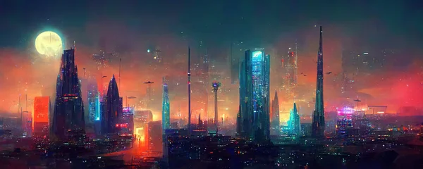 Nighttime Cyberpunk City Futuristic Fantasy World Features Skyscrapers Flying Cars — Stock Photo, Image