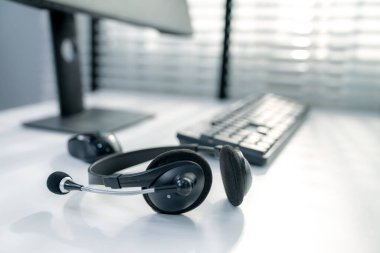 Essential equipment concept for competent online operators, call service agents, or online working. Customer service equipment, as well as helpdesk tools.