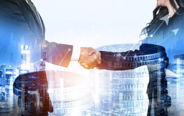 Ekonomik refah ve para teknolojisinin varlık geçmişi üzerine iş tokalaşması. Değerli borsaya yatırım yaparak ekonomik ve finansal büyüme ile refah kar birimi ticareti elde edilir