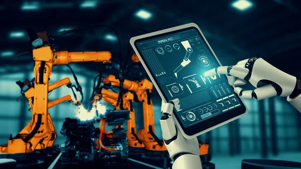 Кібернетичний Промисловий Робот Роботизована Зброя Складання Заводі Концепція Штучного Інтелекту — стокове фото