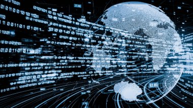 Fütürist küresel ağ ve dijital veri transferi 3D grafik. Yeni bilgi çağındaki küresel eğilimleri değiştiren akıllı dijital dönüşüm ve teknoloji bozulması kavramı .