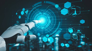 Gelecekçi robot yapay zeka yapay zeka yapay zekayı aydınlatıyor ve makine öğrenme kavramını geliştiriyor. İnsan hayatının geleceği için küresel robot biyonik bilim araştırması. 3B görüntüleme grafiği.