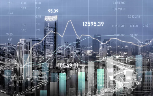 Financial Graphs Digital Indicators Overlap Modernistic Urban Area Skyscrabber Stock — Foto Stock